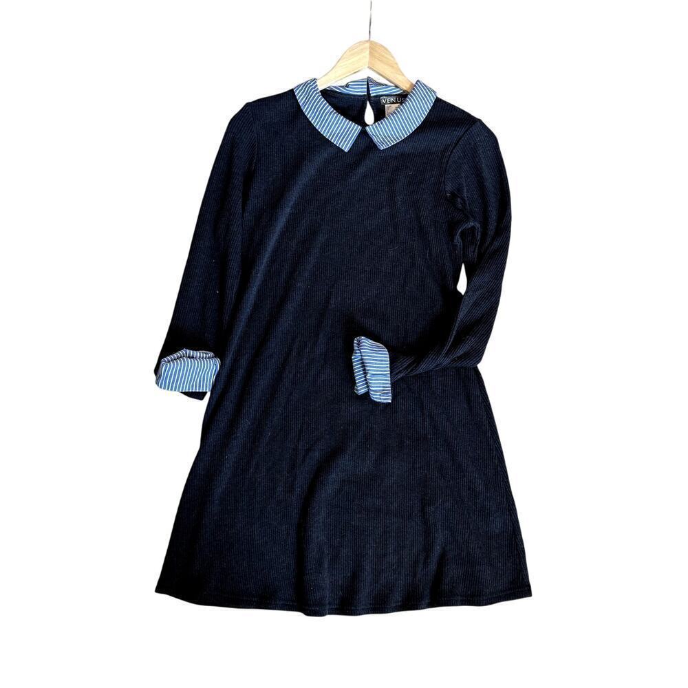 Navy Venus Dress with Striped Cuffs and Peter Pan Neckline Women's Size Medium